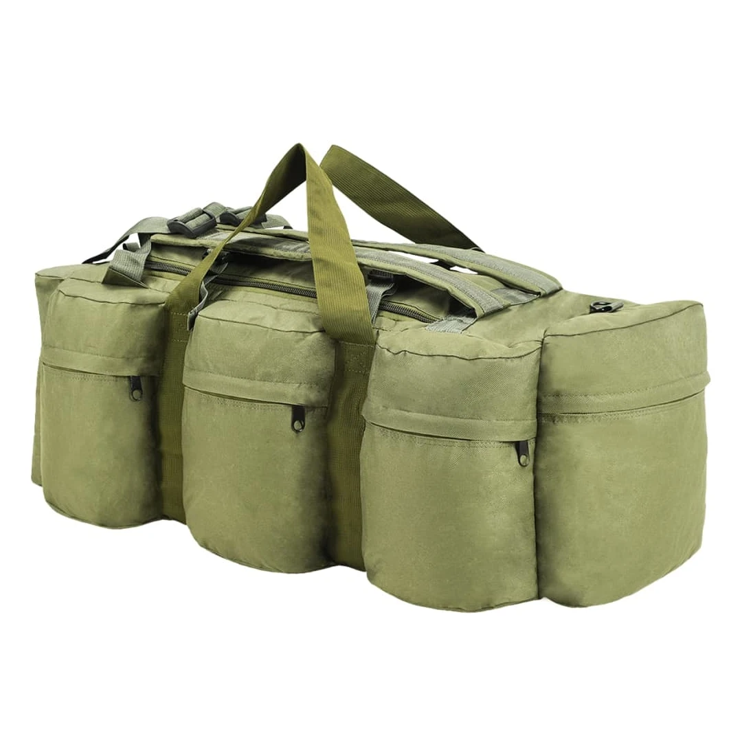 Geantă 3-în-1 în stil militar, 90 L, verde măsliniu - Această geantă versatilă în stil army combină funcționalitatea unui sac, a unei genți de umăr și a unui rucsac. Va fi partenerul ideal pentru călători...