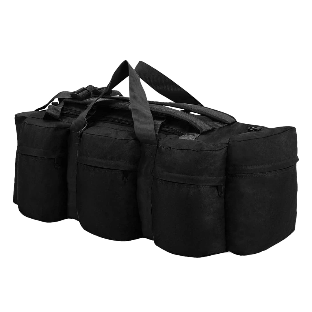 Geantă 3-în-1 în stil army, 90 L, negru - Această geantă versatilă în stil army combină funcționalitatea unui sac, a unei genți de umăr și a unui rucsac. Va fi partenerul ideal pentru călători...