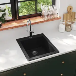 Chiuvetă bucătărie suprapusă, cu un singur bazin, negru, granit - Această chiuvetă de bucătărie contemporană cu o cuvă foarte adâncă are un design simplu, elegant și va aduce o completare versatilă bucătăriei dvs. Fa...