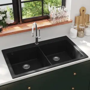 Chiuvetă de bucătărie din granit încastrată, cu două cuve, neagră - Această chiuvetă de bucătărie modernă, cu două cuve foarte adânci, are un design minimalist, elegant și va aduce un plus oricărei bucătării.   Realiza...