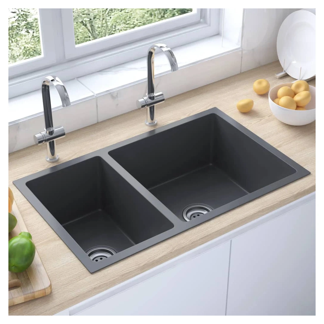 Chiuvetă de bucătărie, negru, oțel inoxidabil - Această chiuvetă de bucătărie va fi un element de decor mereu la modă în bucătăria dvs. Are cuve foarte adânci și un design elegant. Chiuveta este rea...