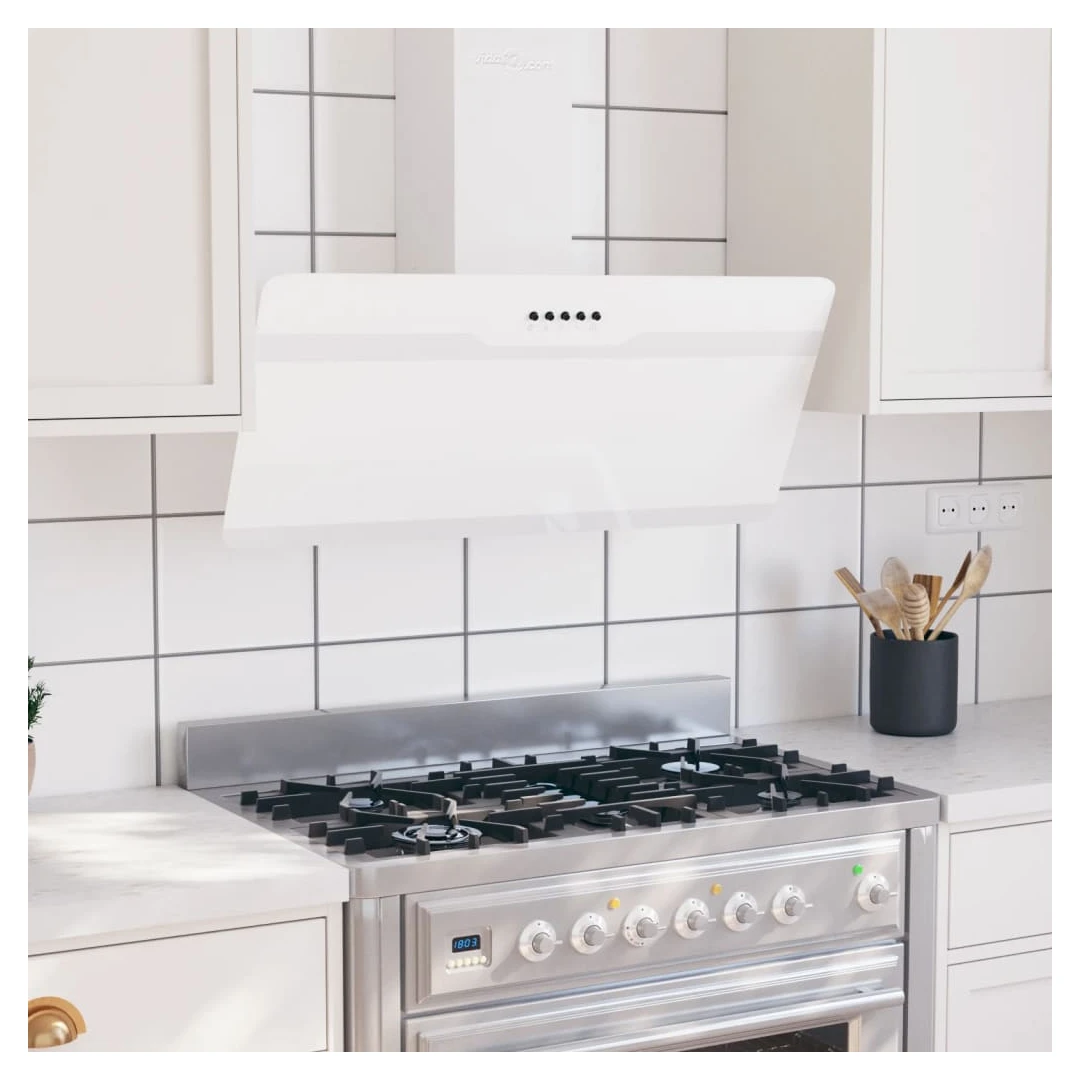 Hotă de perete, alb, 90 cm, oțel și sticlă securizată - Această hotă ultra-silențioasă și puternică extrage eficient aburul și fumul, grăsimea, umezeala și chiar căldura din bucătărie. Această hotă are un e...