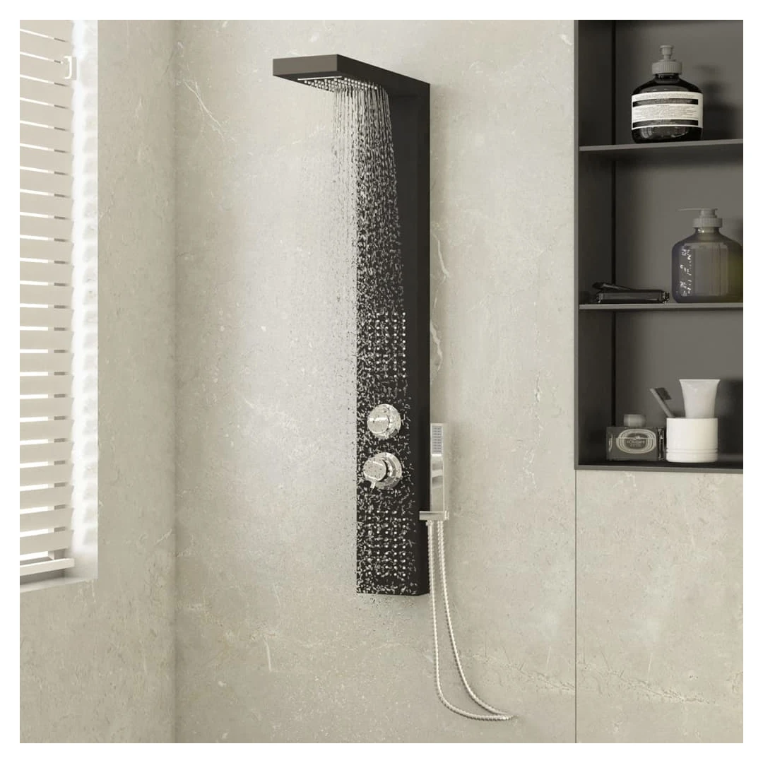 Sistem panou de duș din aluminiu, negru - Acest sistem de panou de duș multifuncțional are un design elegant și va aduce o completare de efect în baia dvs.   Turnul de duș este fabricat din al...