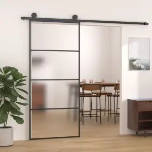 Ușă glisantă, negru, 90x205 cm, sticlă ESG mată și aluminiu - Această ușă glisantă creează o tranziție grațioasă de la o cameră la alta. Oferă soluția perfectă pentru economisirea spațiului. Material stabil: Cadr...