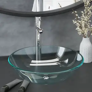 Chiuvetă baie cu robinet/scurgere tip push, transparent, sticlă - Această chiuvetă de baie circulară, cu robinet și ventil scurgere tip push, este proiectată pentru a fi plasată pe blat și a atrage privirile prin sti...