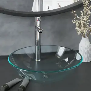 Chiuvetă baie cu robinet&scurgere cu apăsare transparent sticlă - Această chiuvetă de baie circulară, cu robinet și ventil scurgere tip push, este proiectată pentru a fi plasată pe blat și a atrage privirile prin sti...