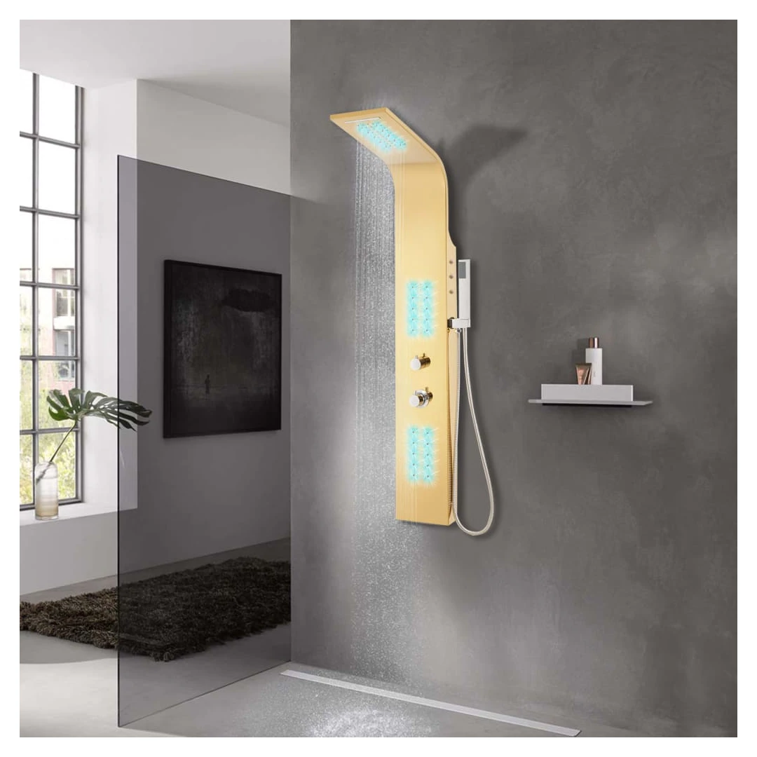 Sistem panou de duș curbat, auriu, oțel inoxidabil 201 - Acest sistem de panou de duș multifuncțional are un design elegant și va aduce o completare extraordinară în baia dvs. Turnul de duș este fabricat din...