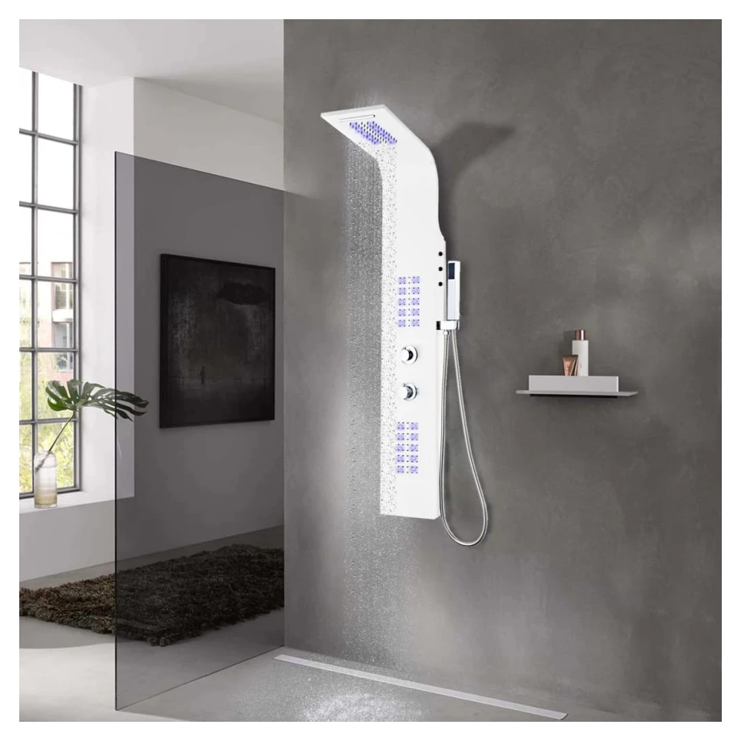 Unitate panou de duș, alb, 20x44x130 cm, aluminiu - Acest sistem de panou de duș multifuncțional are un design elegant și va aduce o completare de efect în baia dvs. Turnul de duș este fabricat din alum...