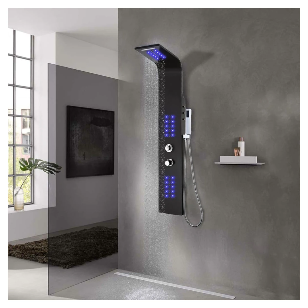 Unitate panou de duș, negru, 20x44x130 cm, aluminiu - Acest sistem de panou de duș multifuncțional are un design elegant și va aduce o completare de efect în baia dvs. Turnul de duș este fabricat din alum...