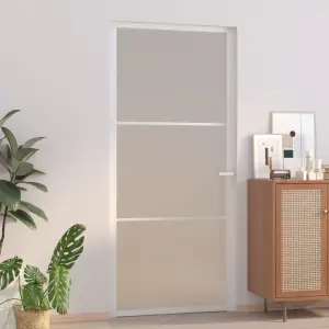 Ușă de interior, 93x201,5 cm, alb,sticlă mată și aluminiu - Creați o tranziție grațioasă dintr-un spațiu în altul, cu această ușă de interior! Material rezistent: Cu o structură inteligentă, sticla securizată e...