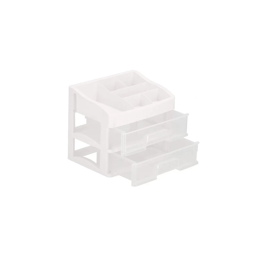 Organizator cosmetice, plastic, 3 niveluri, 2 sertare, alb, 20x16.5x23 cm, Springos - 