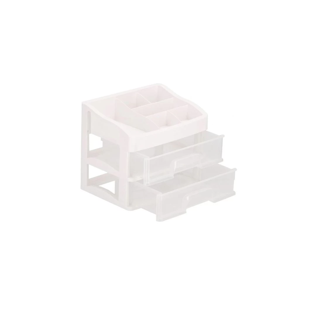 Organizator cosmetice, plastic, 3 niveluri, 2 sertare, alb, 30x25x34 cm, Springos - 