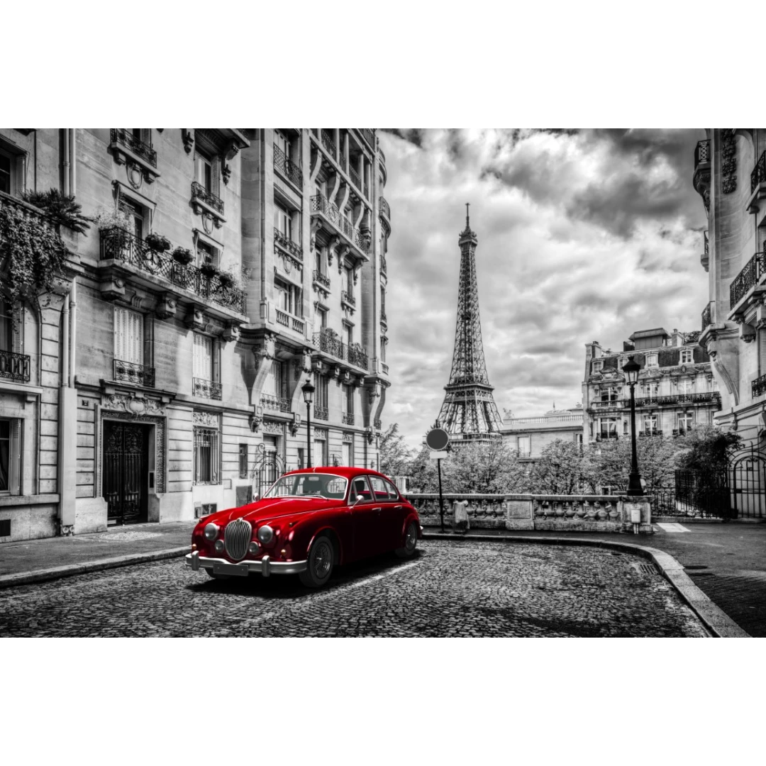 Fototapet Masina rosie, turn Eiffel, retro, 350 x 200 cm - 