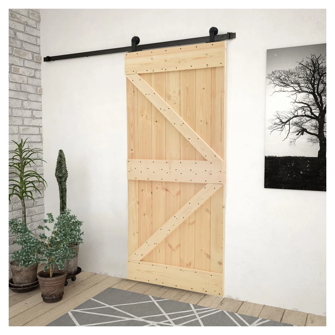 Ușă glisantă cu set feronerie, 80x210 cm, lemn masiv de pin - Această ușă glisantă din lemn masiv de pin este proiectată pentru a îmbogăți zona de intrare a casei dvs. și, de asemenea, pentru o securitate mai bun...