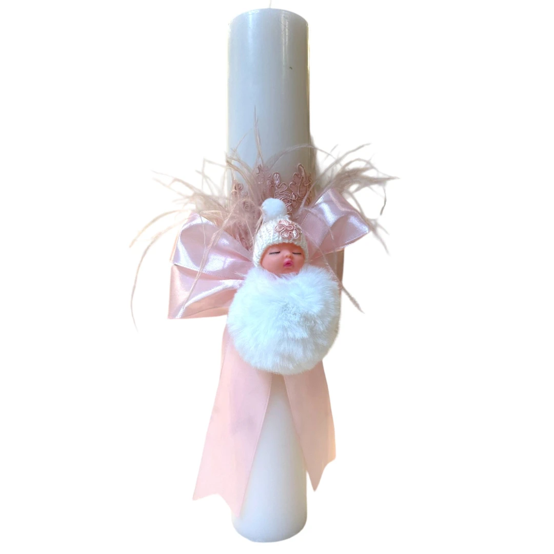 Lumanare botez cu ornament dantela si pene, cu figurina bebelus din plus, roz 40x6.5cm - 