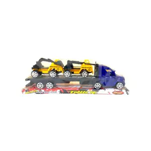 Camion de jucarie cu trailer, culoare albastru si 2 masinute de constructie, culoare galben, 33 cm - 