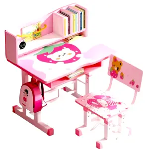 Set birou multifunctionabil, reglabil,pentru copii prescolari si scaun ergonomic, desen fetita cu ursuleti, dimensiune 75x45 cm - 
